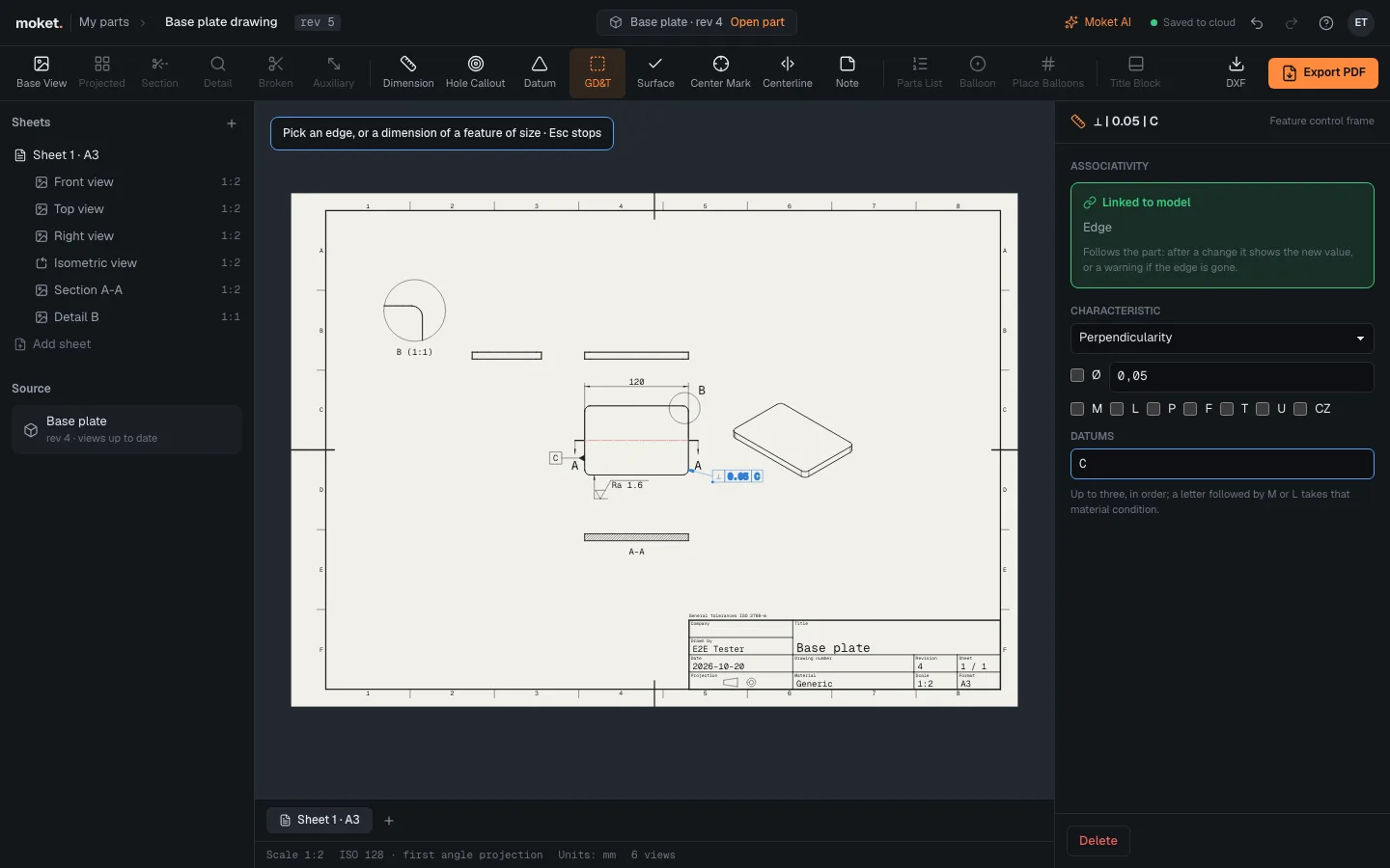 An A3 drawing sheet with views, a section, a detail and a feature control frame.