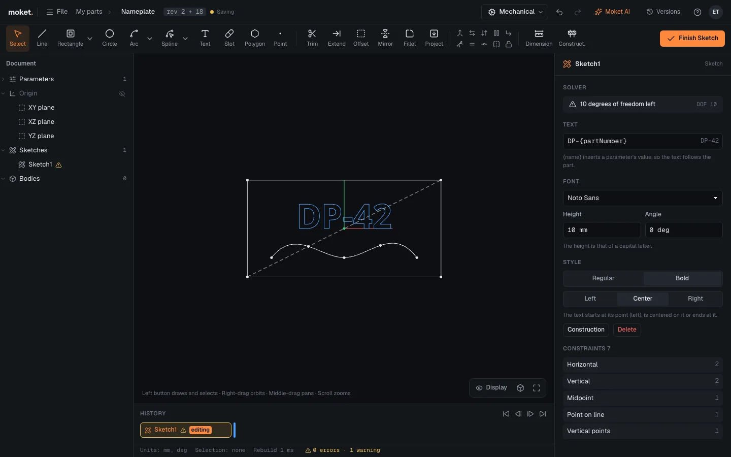 A sketch with a spline and the text DP-42 bound to a parameter, with its solver panel.